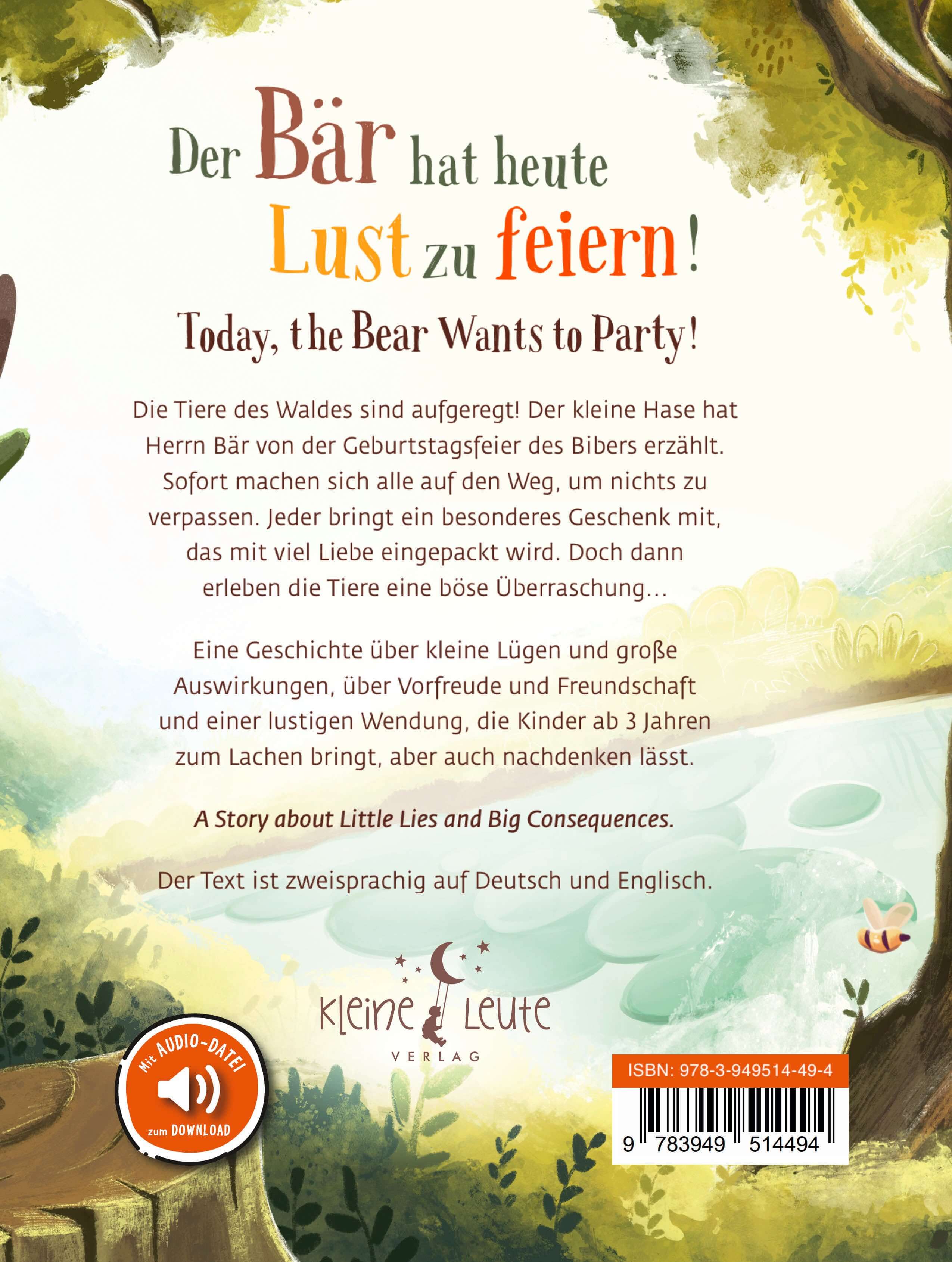 Rückseite des Kinderbuchs Der Bär hat heute Lust zu feiern - Today, The Bear Wants to Party mit Beschreibung und ISBN.