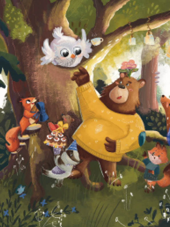 Der Bär hat heute Lust zu feiern - Today, The Bear Wants to Party, mit Tieren im Wald und einem hängenden Geschenksäckchen.